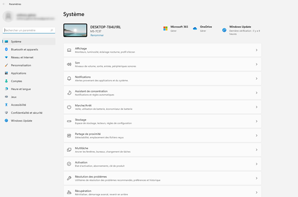 Menu paramètre Windows 11