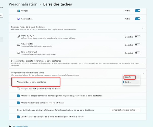 Alignement barre des tâches