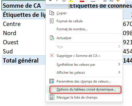 Options du tableau croisé dynamique