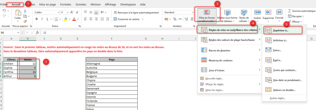Mise en forme conditionnelle supérieurs à